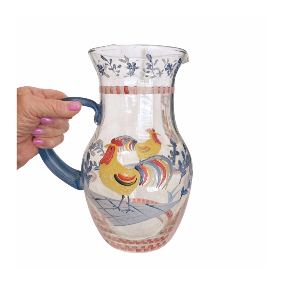 Hand Painted Rooster Glass Pitcher and 4 Glasses Set Cottage Farm Core - Picture 6 of 10
